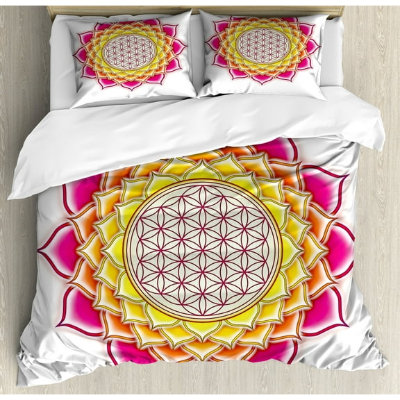 Lotus Duvet Cover Set, Flower of Life Geometry Pattern Inside Lotus Petals Yoga Image, Decorative 3 Piece Bedding Set with 2 Pillow Shams, Queen Size, Hot Pink Orange Yellow, by Ambesonne