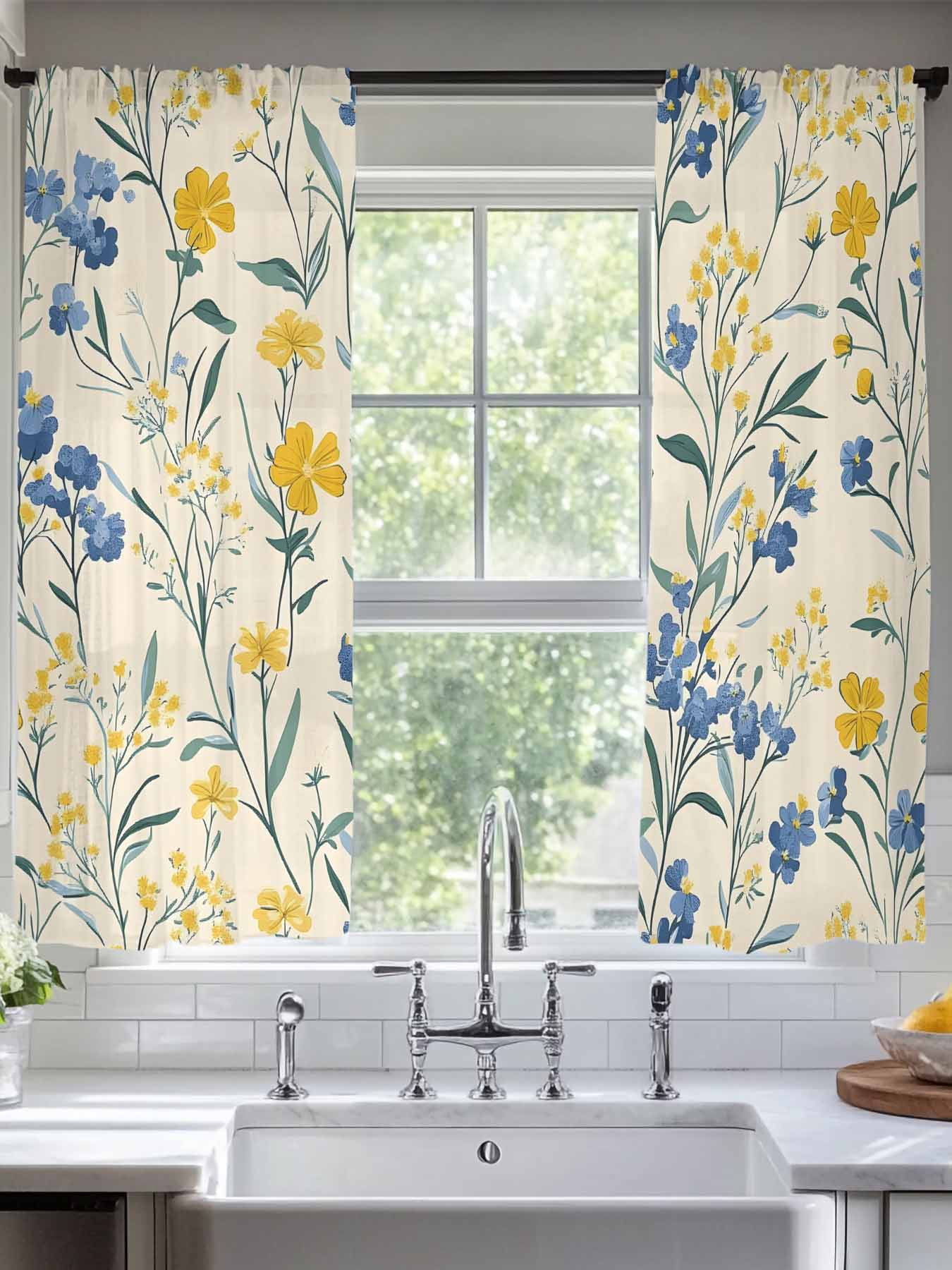Spring Flower Sheer Curtains 2 Panels Set Watercolor Yellow Floral Vintage Green Leaf Linen Texture Sheer Window Curtains Light Filtering Rod Pocket Voile Drapes for Bedroom Living Room 52"X72"
