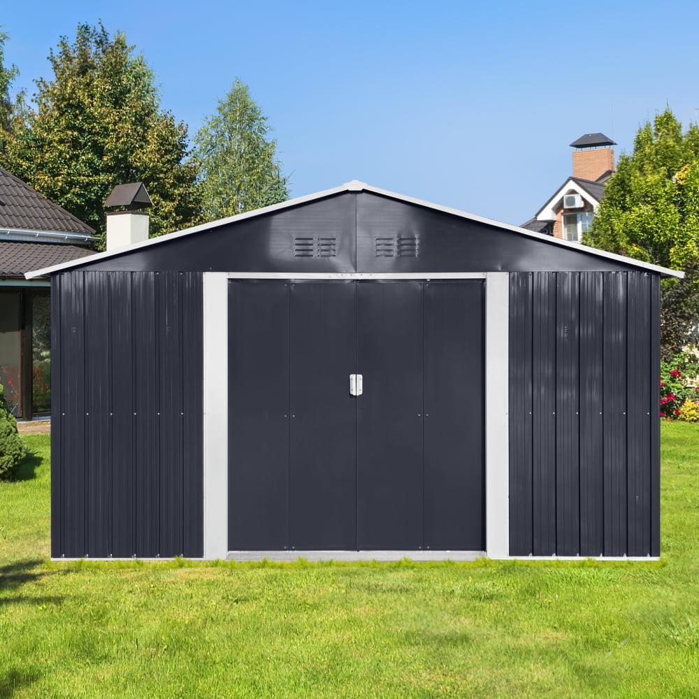 11.2ft x 10.6ft Metal Garden Shed – Grey Outdoor Storage Shed with Window for Tools and Equipment