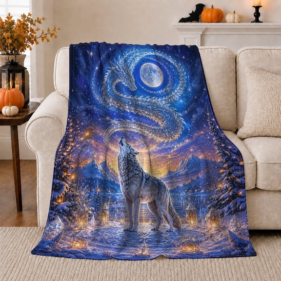 Howling Wolf Moon Winter Forest Night Nature Art, Peaceful Mountain Lake Scene, Warm Flannel Blanket for Cabin and Lodge, Outdoor Lovers Camping Gift, Rustic Home Decor