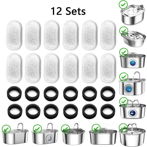 24Pcs Cat Water Fountain Filters Set Activated Carbon Filter& Black Foam Sponge Replacement Filters for Pet Water Fountain Filters