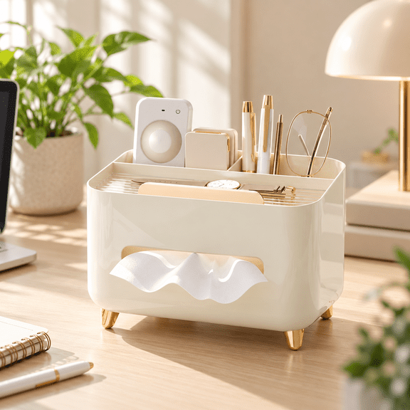 Elegant Off White Tissue Holder & Desktop Organizer with Gold Accents - Multi-Use Storage Box for Remote, Pens, and Napkins, Perfect for Office Home Decor