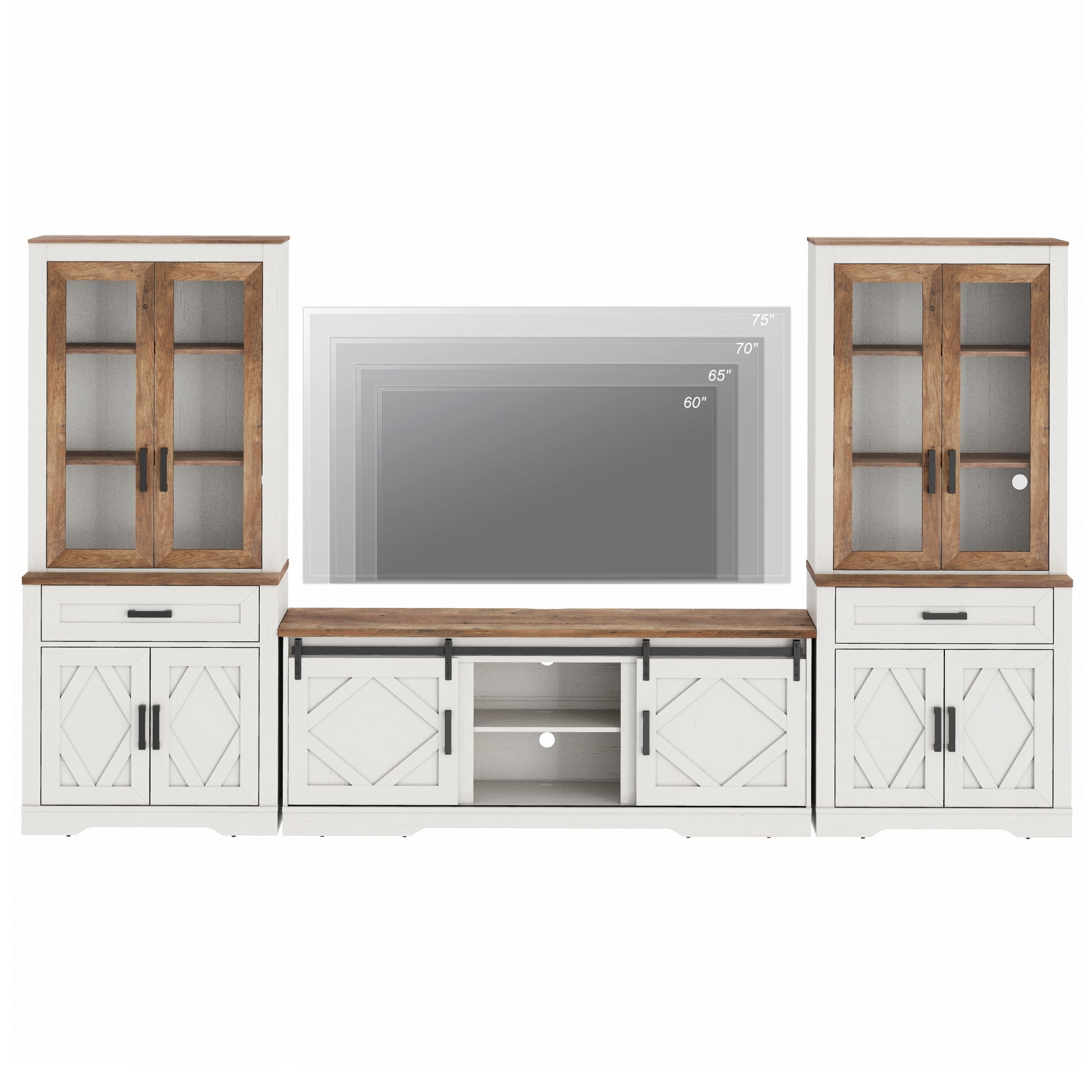 WAMPAT Farmhouse Entertainment Center with Bookshelf for TVs up to 75",Mid Century Modern TV Stand with 73"H Tall 5-Tier Bookcase with 2 Drawers and Glass Doors for Living Room,Bedroom, White Oak