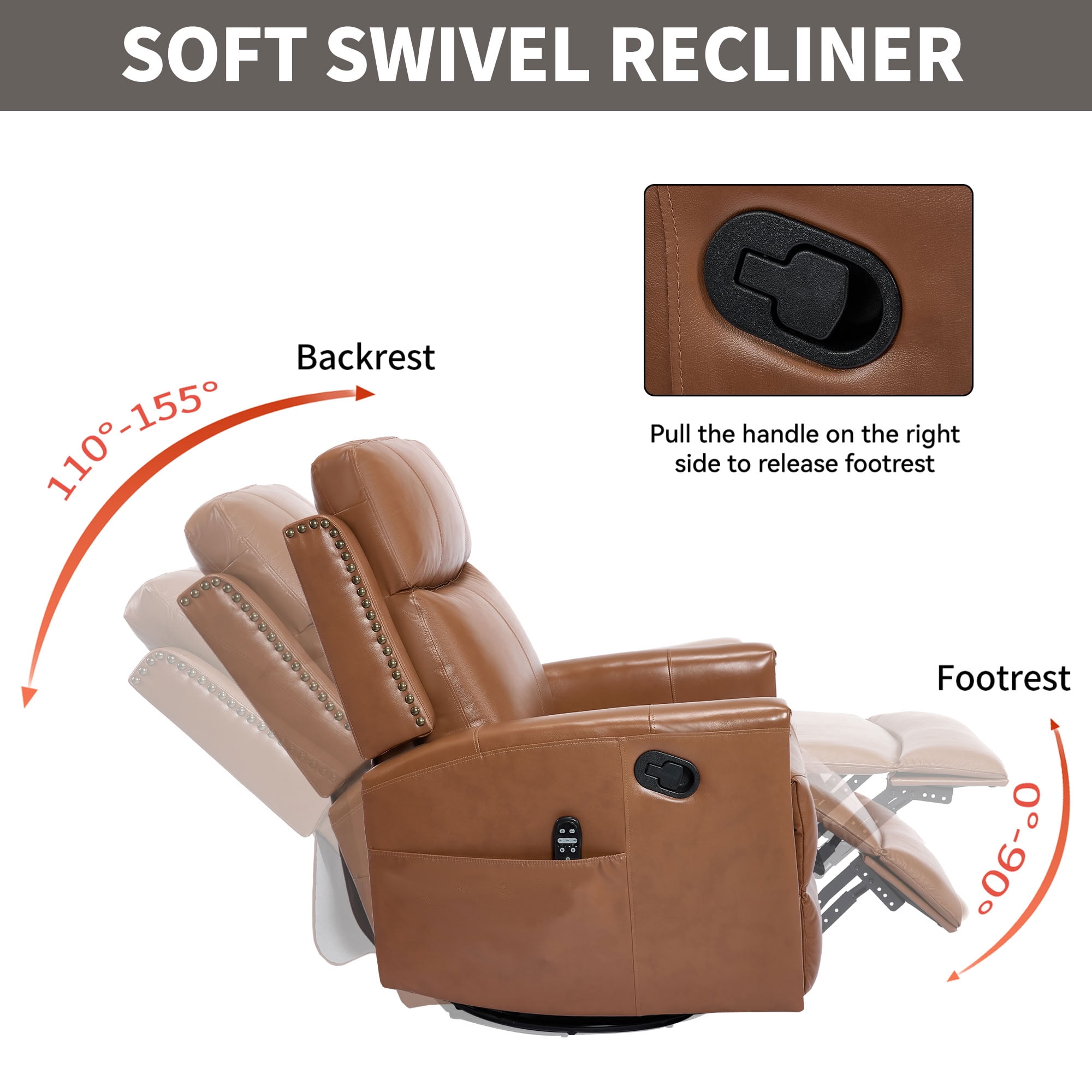 MAYEERTY Genuine Leather Swivel Recliner Chair, Manual Rocker Lounge Chair with 8-Point Massage & Lumbar Heat, for Living Room Home Theater