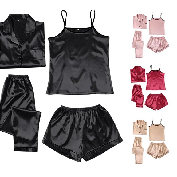 SONXAHE Womens Solid Black Satin Four Piece Pajama Set Notch Collar Cami Short Long Pant Nightwear