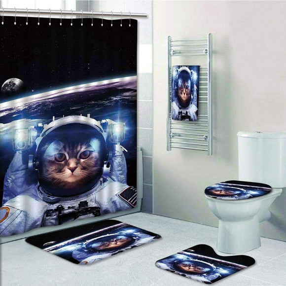 EREHome Cat Funny Astronaut Cat above Earth in Outer Space Explorer Kitty Mission Humor 5 Piece Bathroom Set Shower Curtain Bath Towel Bath Rug Contour Mat and Toilet Lid Cover