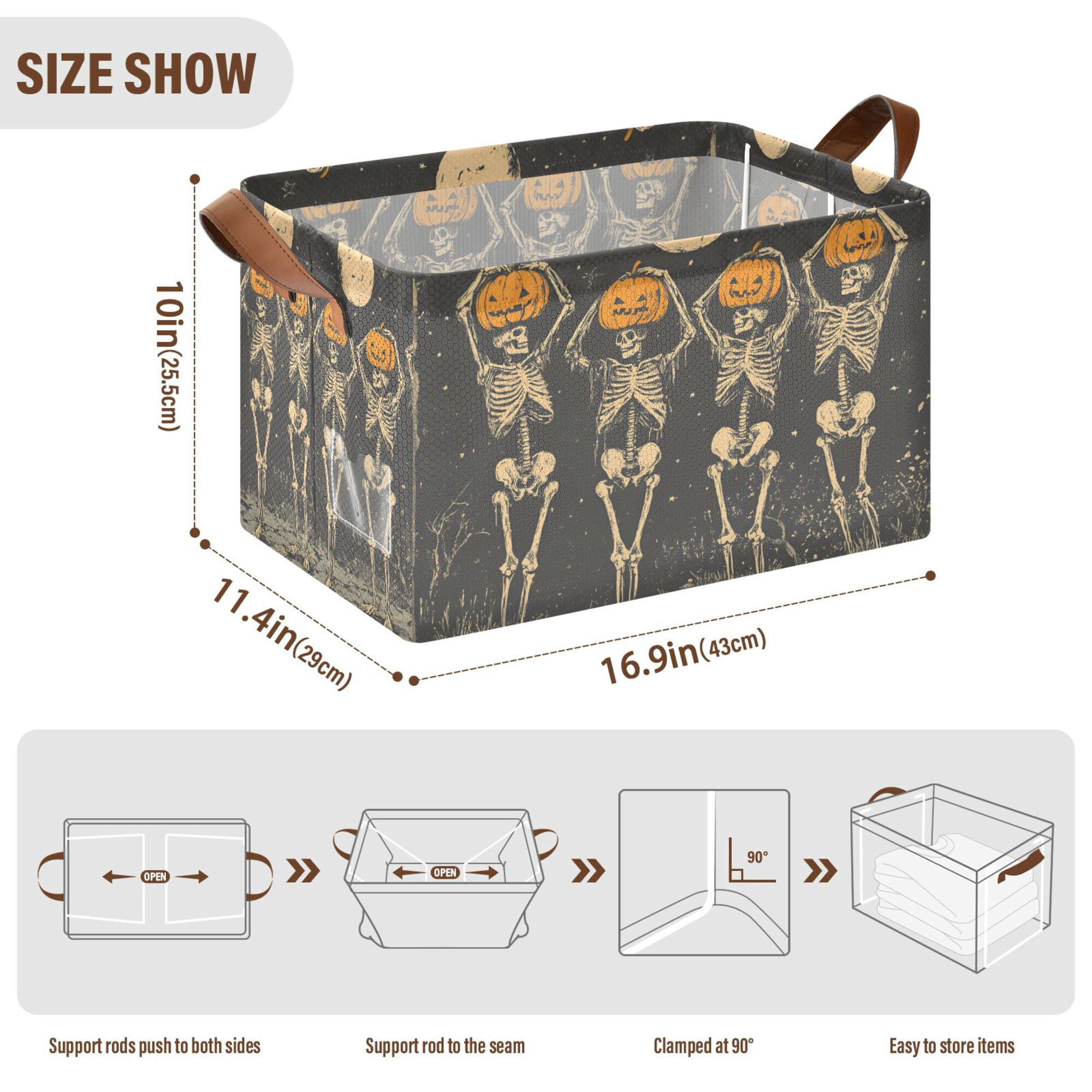 Yayeee Foldable Storage Basket for Shelves with Handles Waterproof Cloth Bins, Beige Halloween Skeleton
