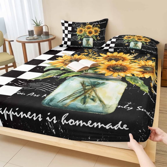 Cal.King Size Fitted Sheet Set - Sunflower Vintage 3 Piece Bedding Sets 16" Deep Pocket Fitted Sheet with 2 Pillowcases, Farmhouse Floral Black Checkered Brushed Microfiber Hotel Luxury Bed Sheets