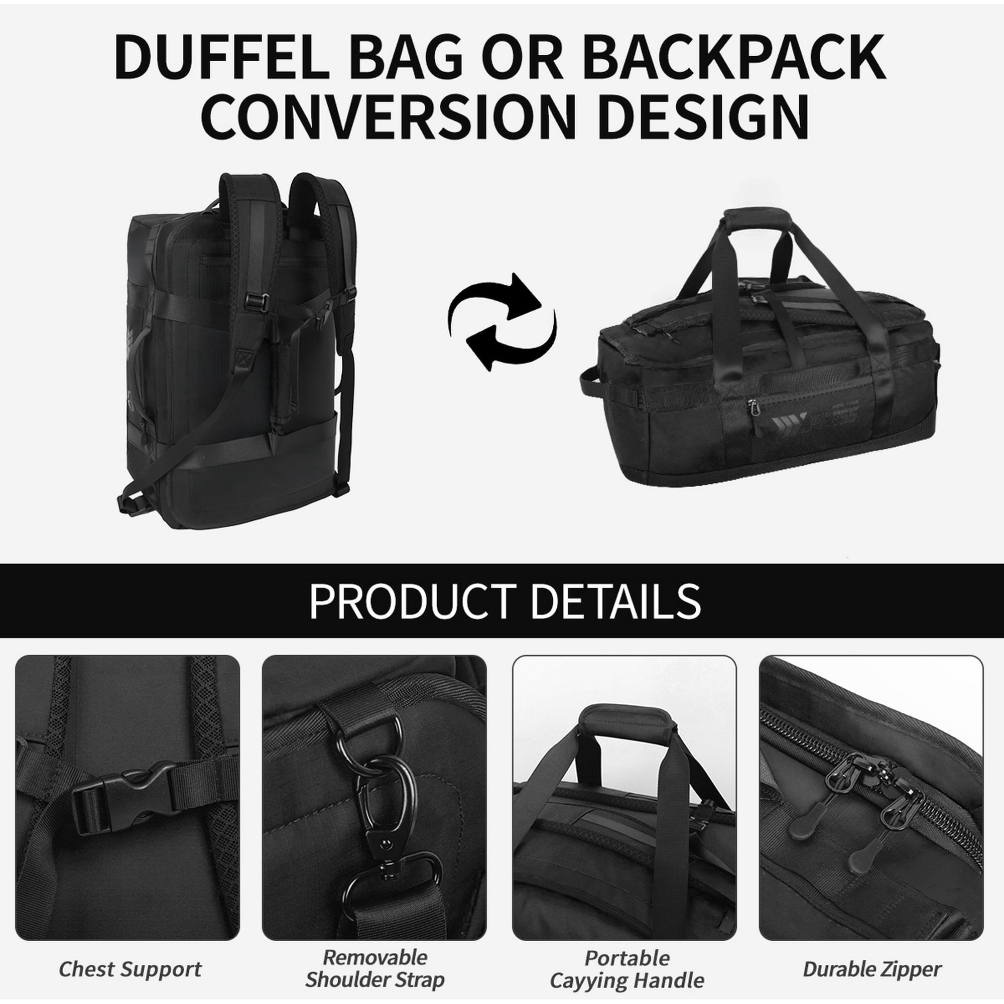 New York Xpress 40L Convertible Duffel Bag,Heavy-Duty Water-Resistant Travel Bag with Backpack Straps, Black - LX737