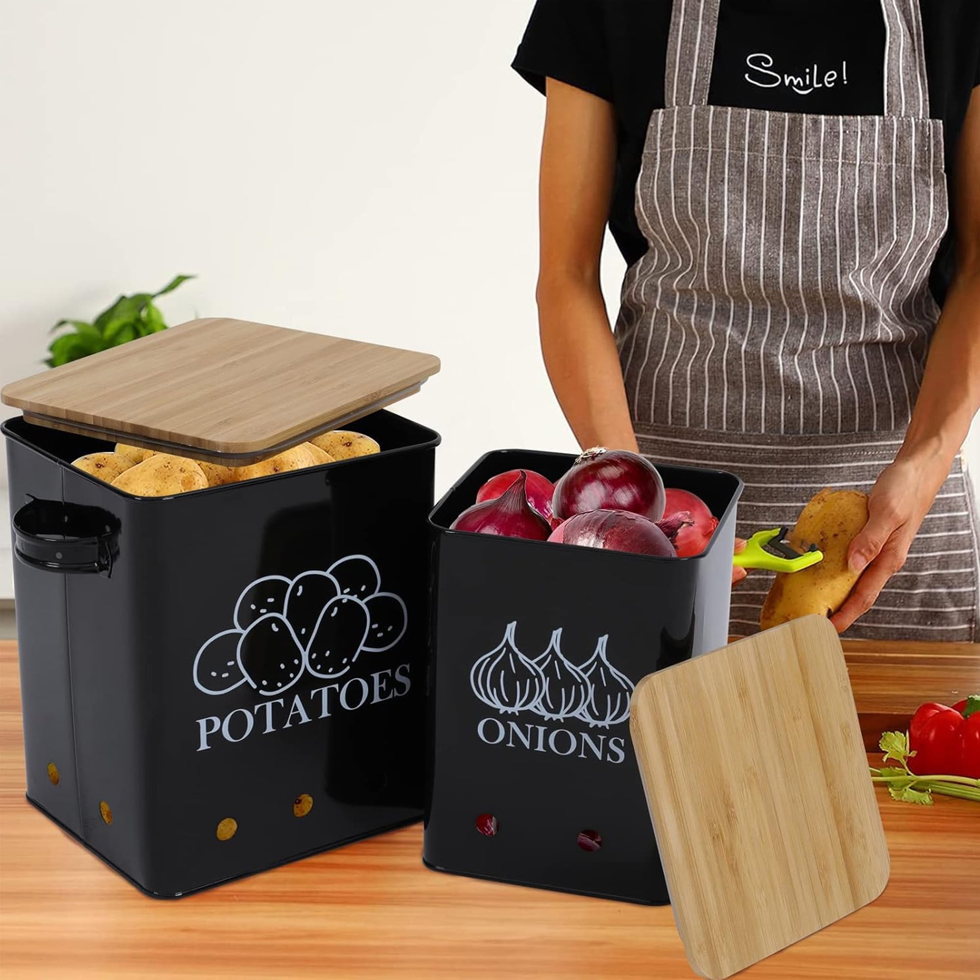 Brabtod Kitchen Vegetable Storage Tins 2 Pack Set for Potatoes&Onion, Metal Food Storage Container with Wooden Lid 7.5L Garlic Bin Caddy, Long Shelf Life Black