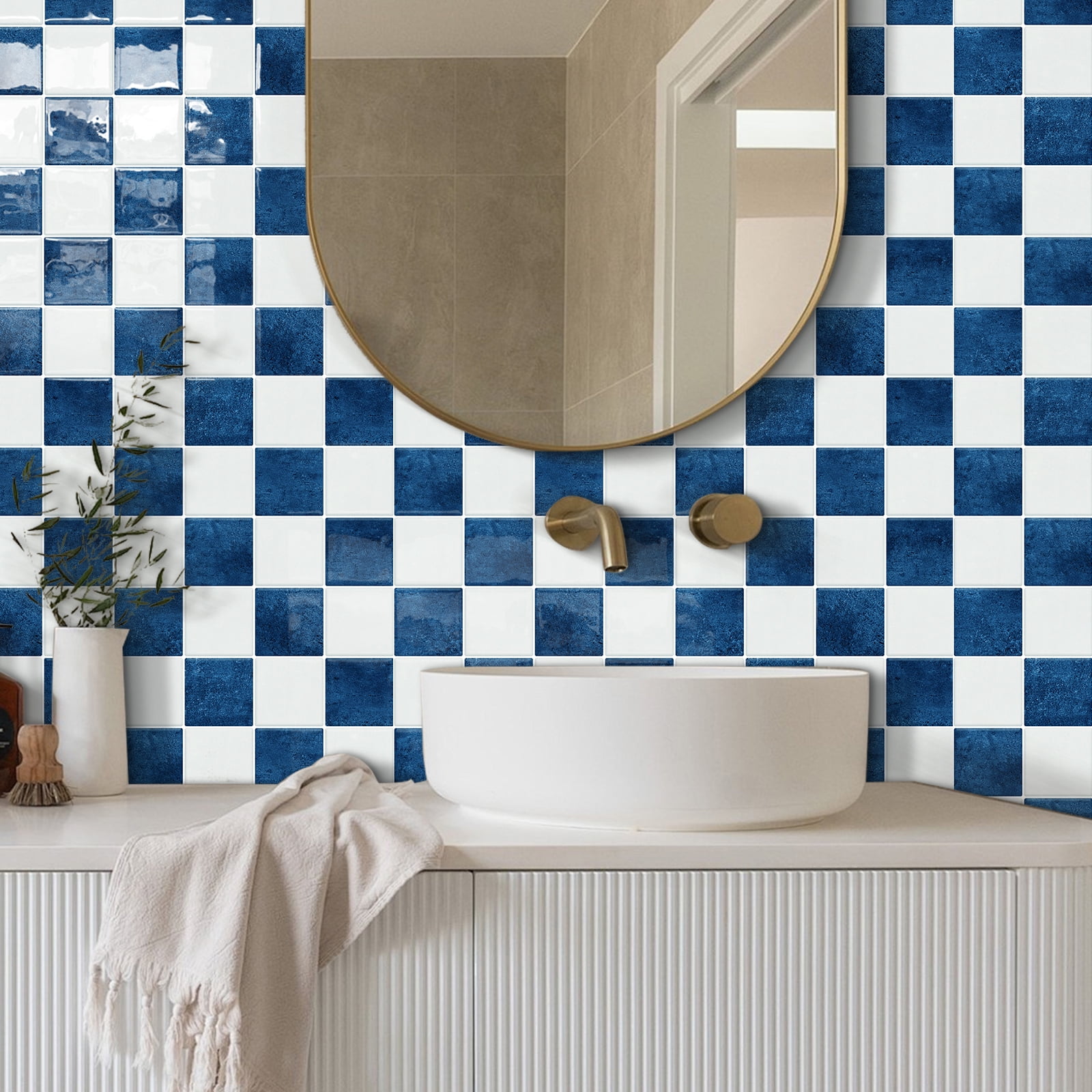 DEWOO Thick Peel and Stick Backsplash Tiles Kitchen Bathroom Square Self Adhesive Wall Tile Checkerboard Checkered Stickers,Blue (10-Sheet, 9"×9")
