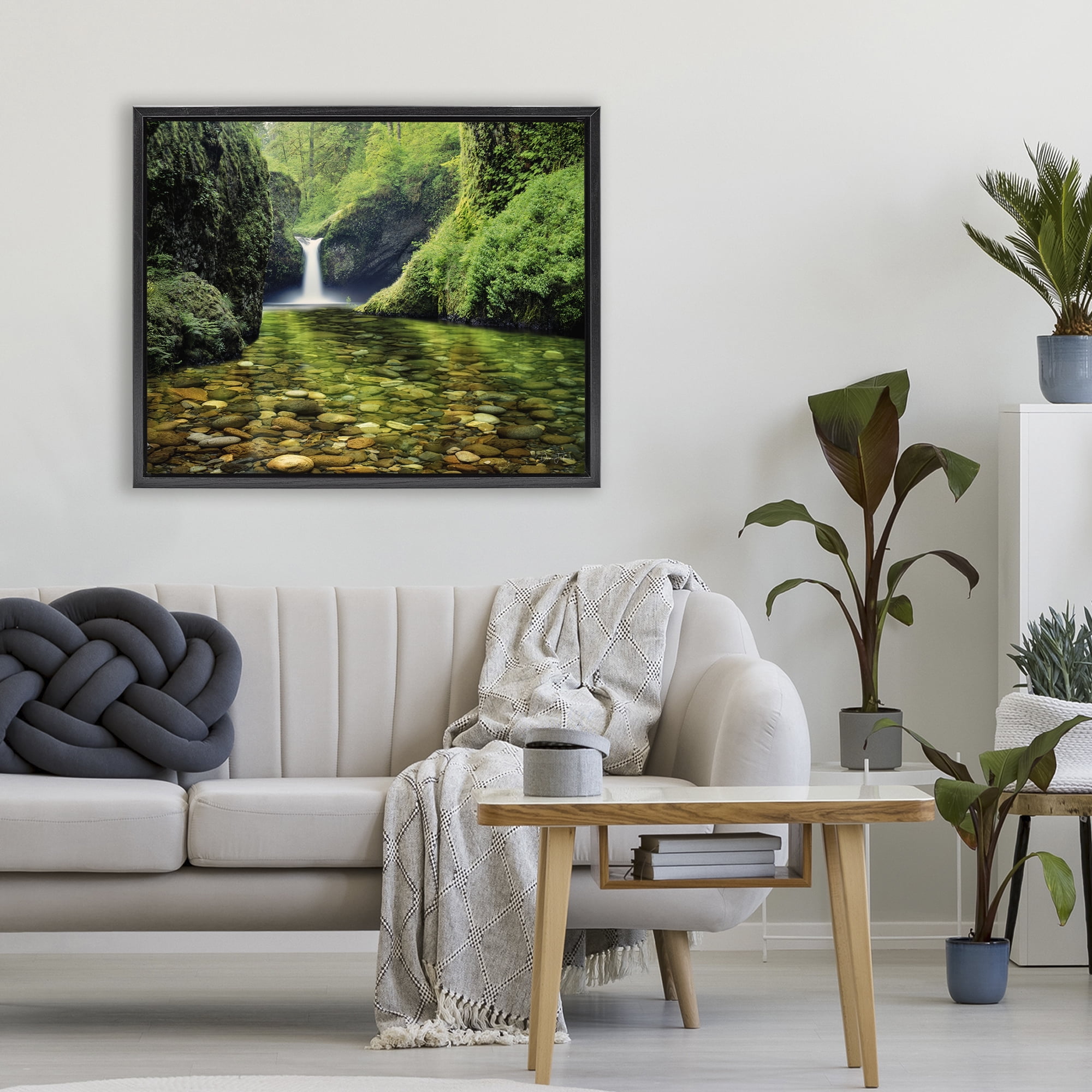 Stupell Industries Punchbowl Falls in Emerald Forest Black Framed Floater Canvas Wall Art, design by Dennis Frates