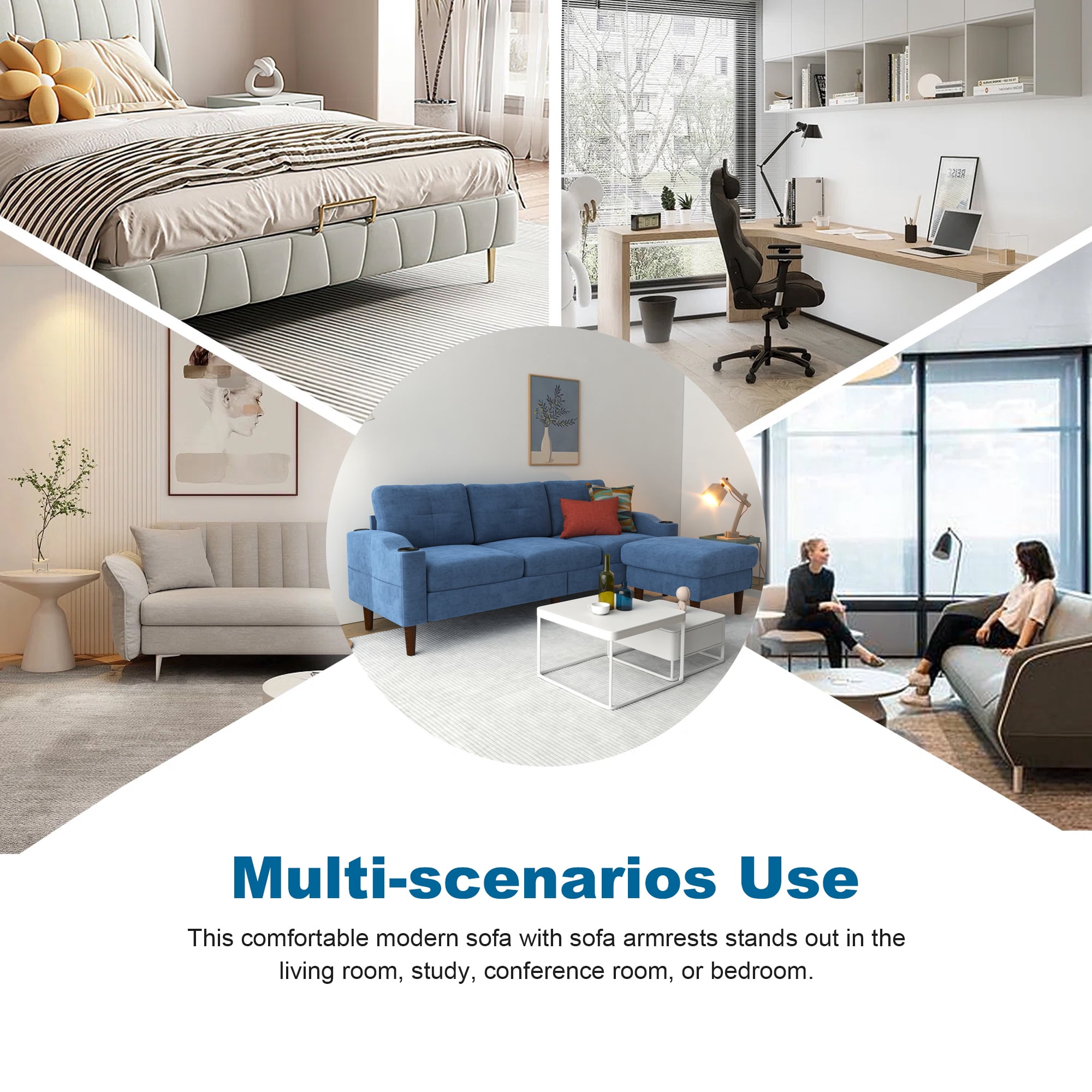 Aukfa L Shaped Sectional Sofa with USB Ports and Cup Holders, 78" 3 Seater Couch with Storage Ottoman, Blue