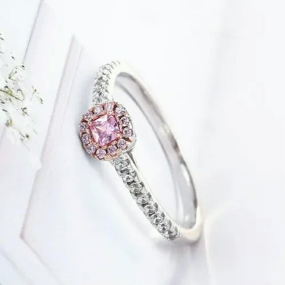 Cute Princess Cut Pink Cz Band 925 Silver Female's Engagement Party Ring Sz 5-10