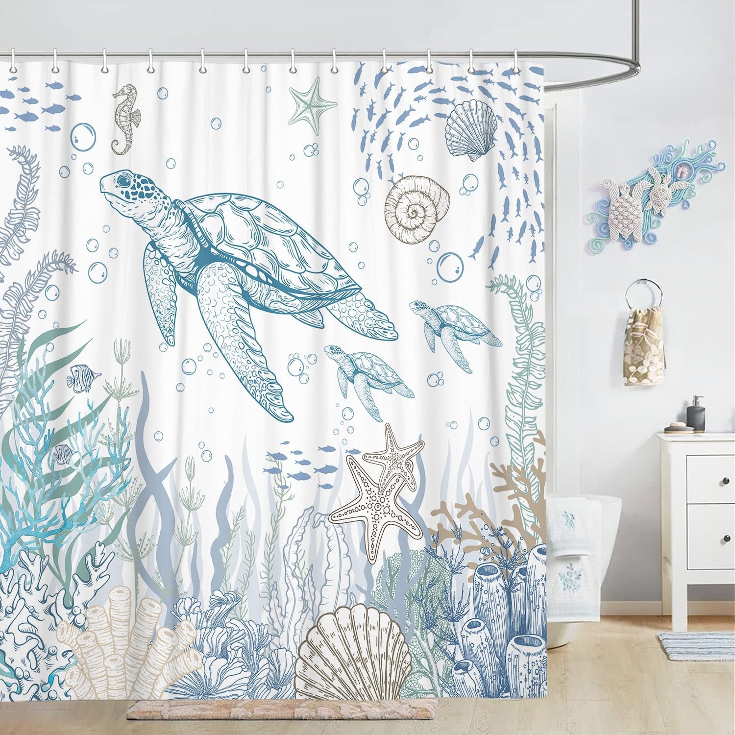 Beach Ocean Theme Shower Curtain, Nautical Coastal Tropical Fish Sea Turtle Fabric Shower Curtains Set for Kids Bathroom Decorative, Fun Turquoise Blue Restroom Accessories with Hooks 72X72 Inch