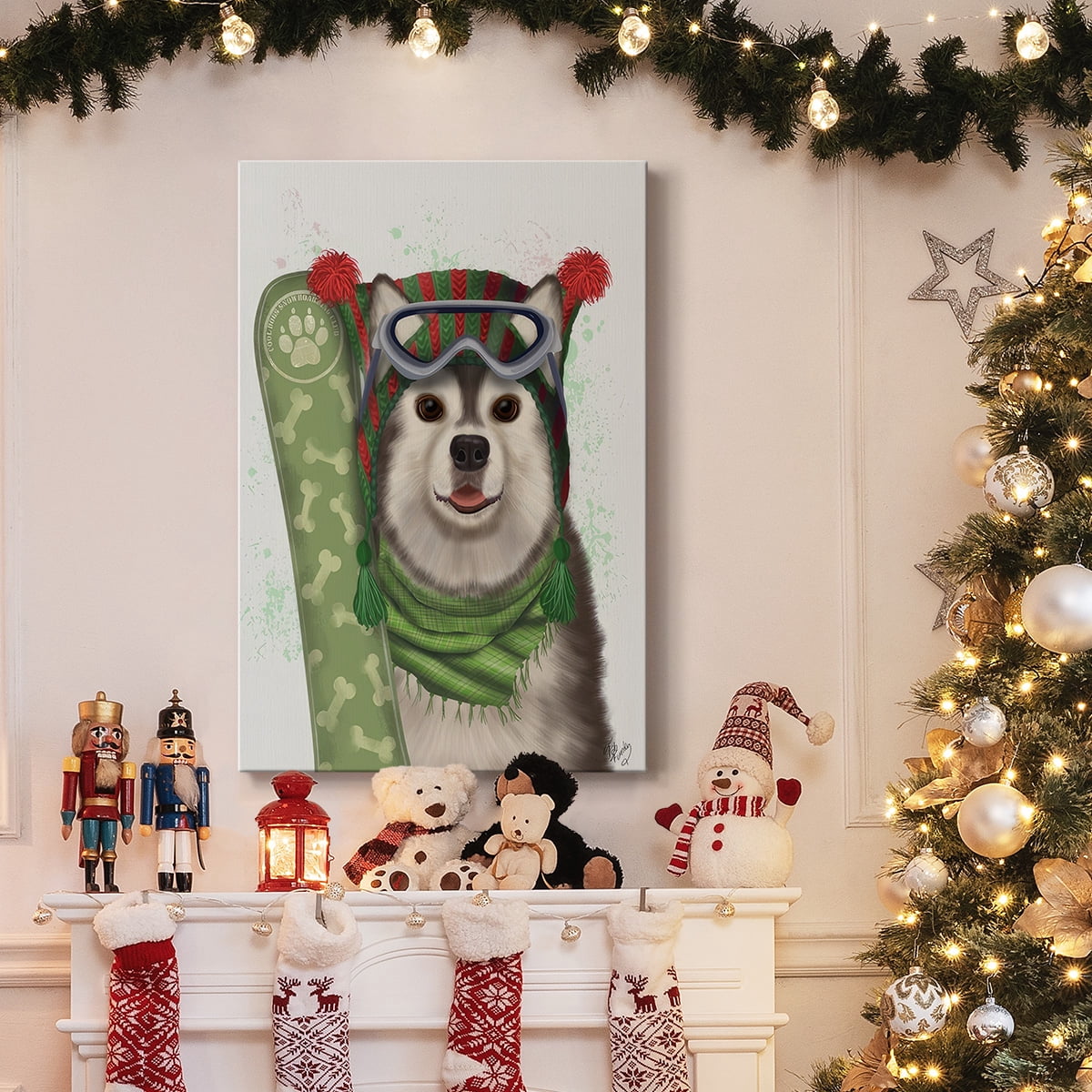 Christmas Husky Snowboard- Gallery Wrapped Canvas