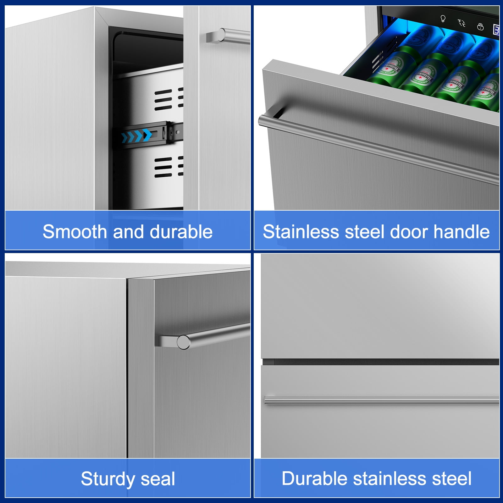 TITTLA 24 Inch Under Counter Dual Drawer Beverage Fridge with Wheels,Freestanding Or Built-In for Patio, Stainless Steel Weather-Proof, Ideal for Home and Commercial Use,Silver