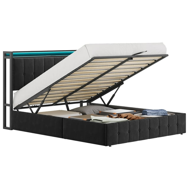 Lift Up Storage Bed Frame, Velvet Upholstered Hydraulic Platform Bed with Storage Headboard, Button Tufted Headboard, No Box Spring Needed, Noise Free