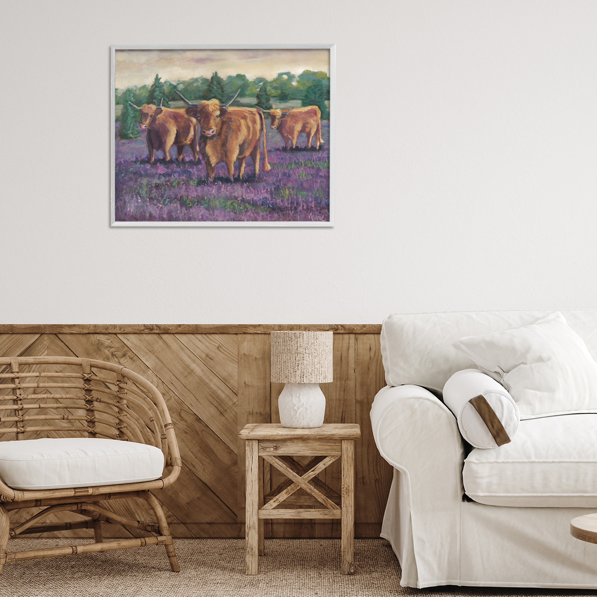 Purple Fields & Cows White Framed Giclee Art, design by Marnie Bourque