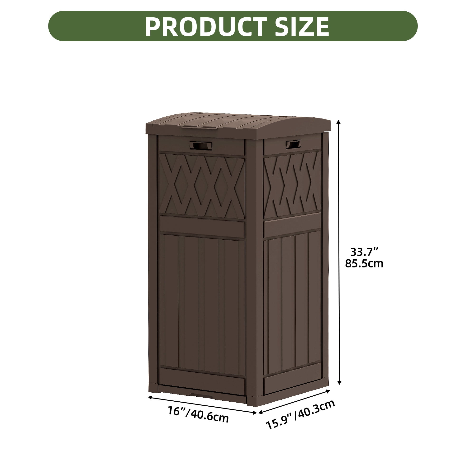 Uforic 33 Gallon Outdoor Trash Can, Layered Lid with Drip Tray, Waterproof Garbage Bin for Patio, Deck, Backyard, Dark Brown