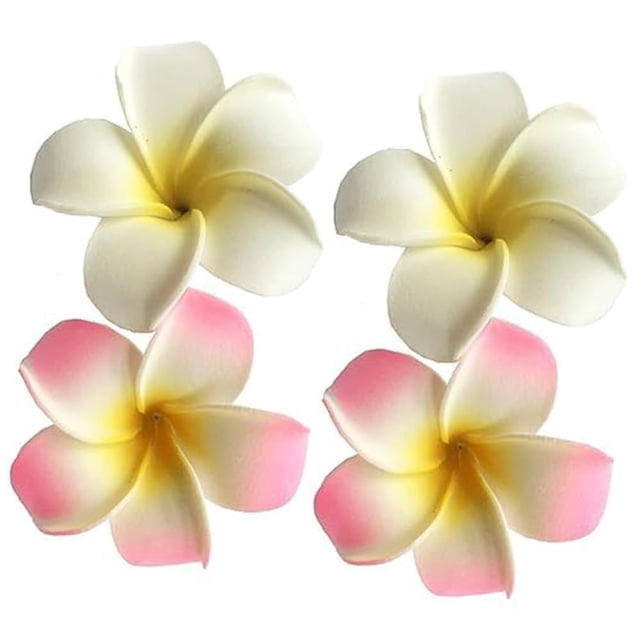 Pinzas para flores para el cabello 4 piezas 7 cm Blanco y rosa Frangipani hawaiano Plumeria Cabeza de espuma Flor Fiesta Playa Pinza para el cabello Flor Pinzas para el cabello hawaianas