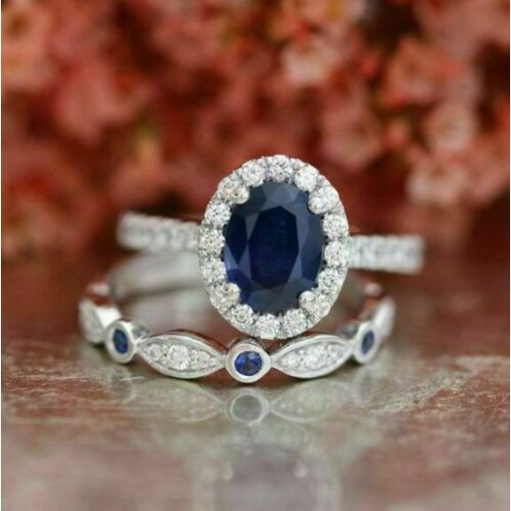 beryl_creation 2.22 Ct Oval Cut Blue Sapphire & Diamond Wedding Engagement Bridal Ring Set 14K White Gold Plated 925 Sterling Silver For Women's -9