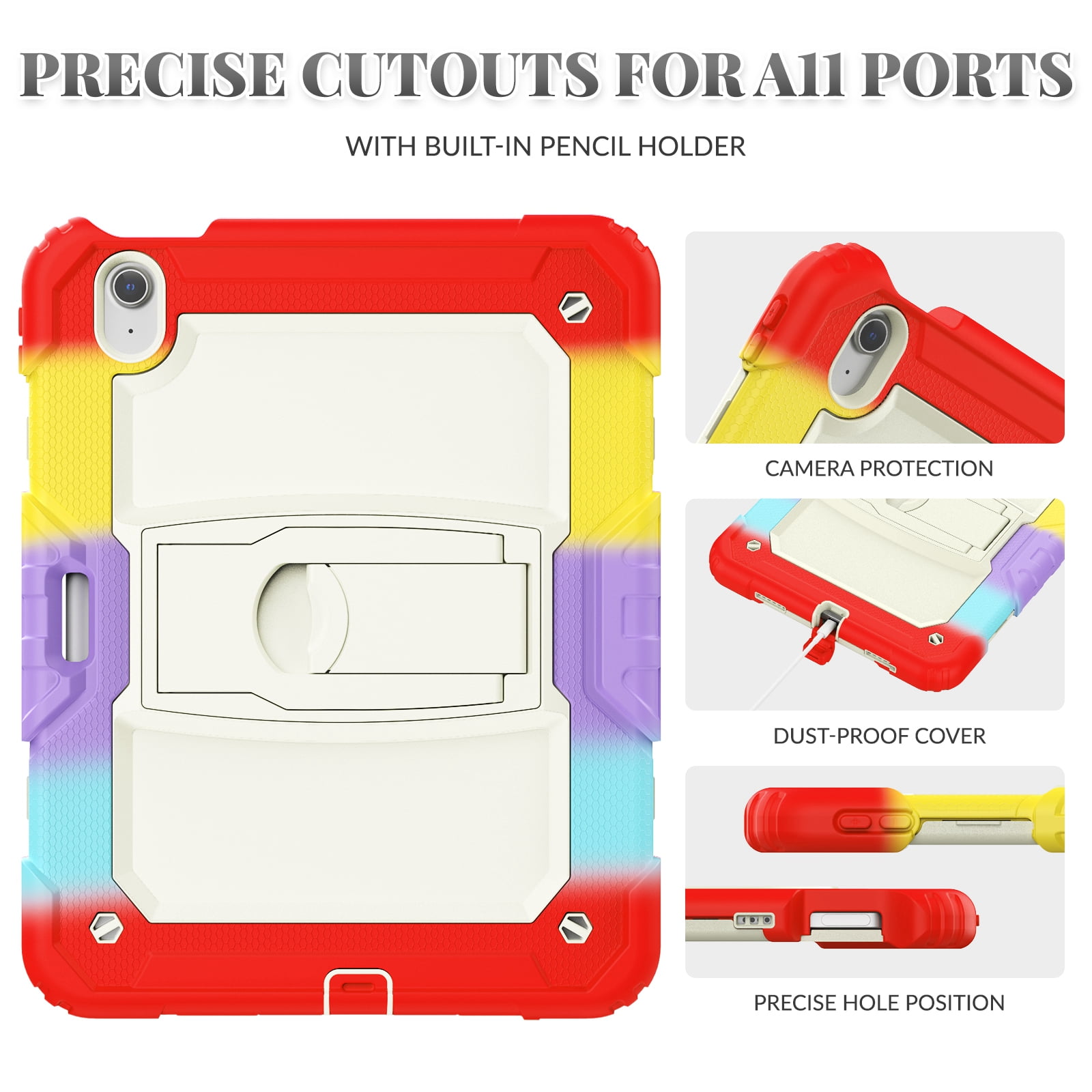 Dteck Built-in Screen Protector Case for iPad Air 11 inch 2025/2024 ,Heavy Duty Silicone Case Foldable Stand Cover Built-in Pencil Holder with Shoulder Strap for iPad Air 11-in. M3/M2,Colorful/Red