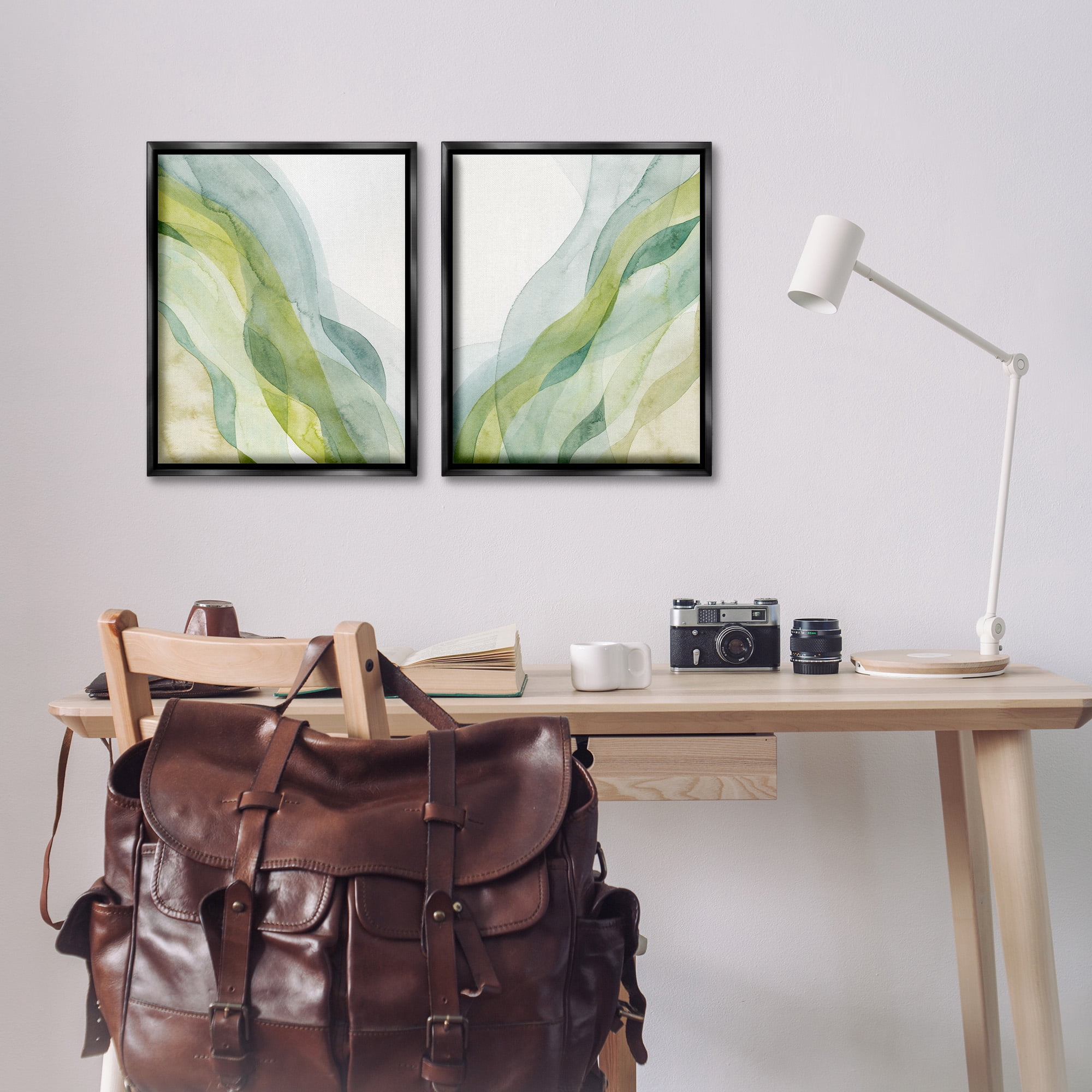 Stupell Industries Abstract Green Waves Abstract Painting Black Floater Framed Canvas Art Print Wall Art, 17 x 21, Set of 2