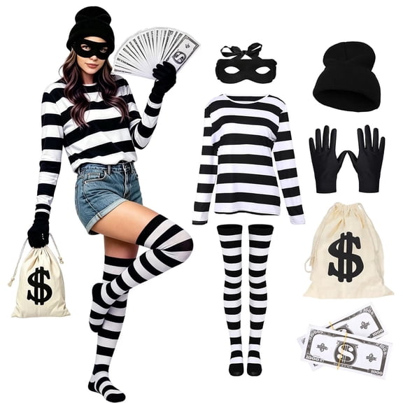 7Pcs Bank Robber Costume for Women, Burglar Outfit with Striped Shirt for Halloween Cosplay