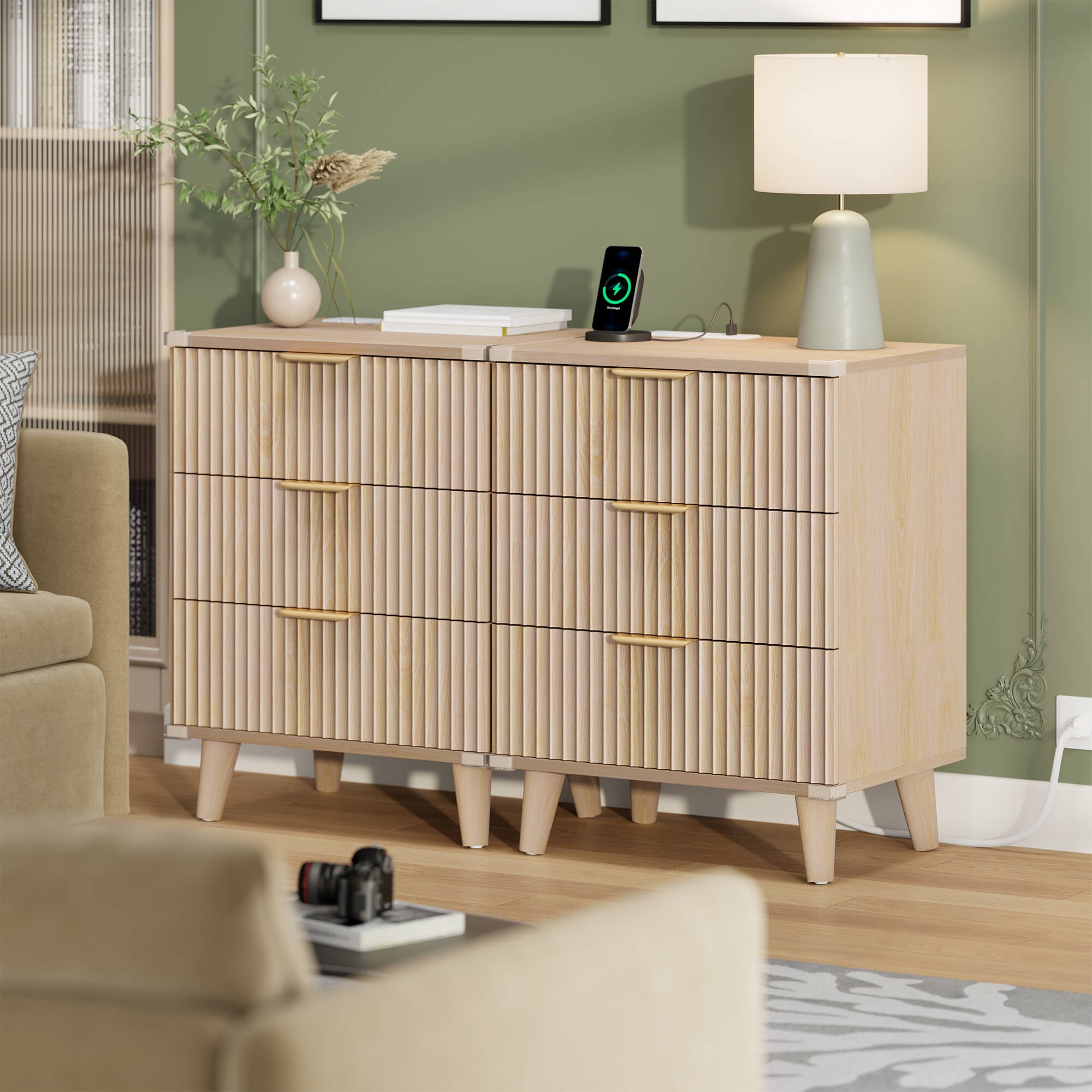 Laintene 3-Drawer Dresser for Bedroom, Nightstand with Charging Station - Modern Fluted with Solid Wood Legs, 2 AC Outlets & 2 USB Ports, Small End Table with Storage, Natural