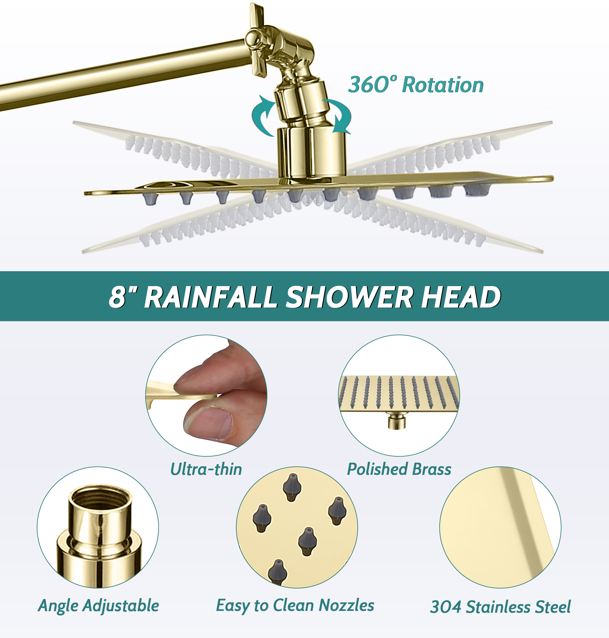 All Metal Dual Square Shower Head Combo, Rain Shower Head with Handheld Shower Wand and Extra Long Flexible Hose (Polished Brass)