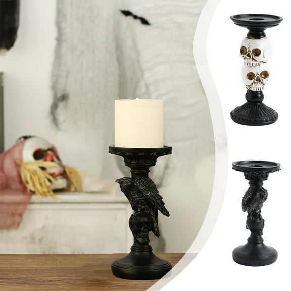 Skull Candlestick Holder for Halloween Decoration, Raven Skull Skeleton Spooky Decor Pillar Candle Holder, Antique Creepy Skeleton Black Taper Candle Holders for Halloween Christmas