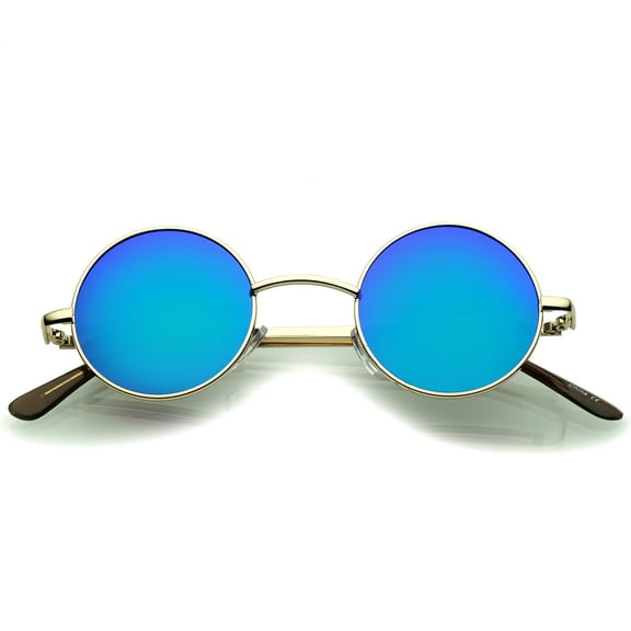 sunglassLA Unisex Small Retro Lennon Inspired Style Colored Mirror Lens Round Metal Sunglasses 41mm (Gold / Green-Blue Mirror) - 41mm