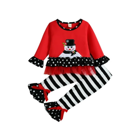 

LWXQWDS Toddler Baby Girls Christmas Clothes Elk Stripe/Snowman Dot Print Tulle Hem Long Sleeve Tops + Flare Pants Set Red Dot 3-4 Years