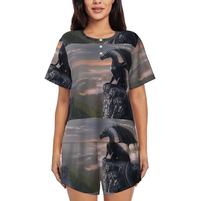 Fotbe Black Dragon Cliff Dawn Conjunto de Pijama Estampado para Mujer, 2 Piezas, Ropa de Dormir con Camiseta de Manga Corta y Shorts Suaves-3X-Large