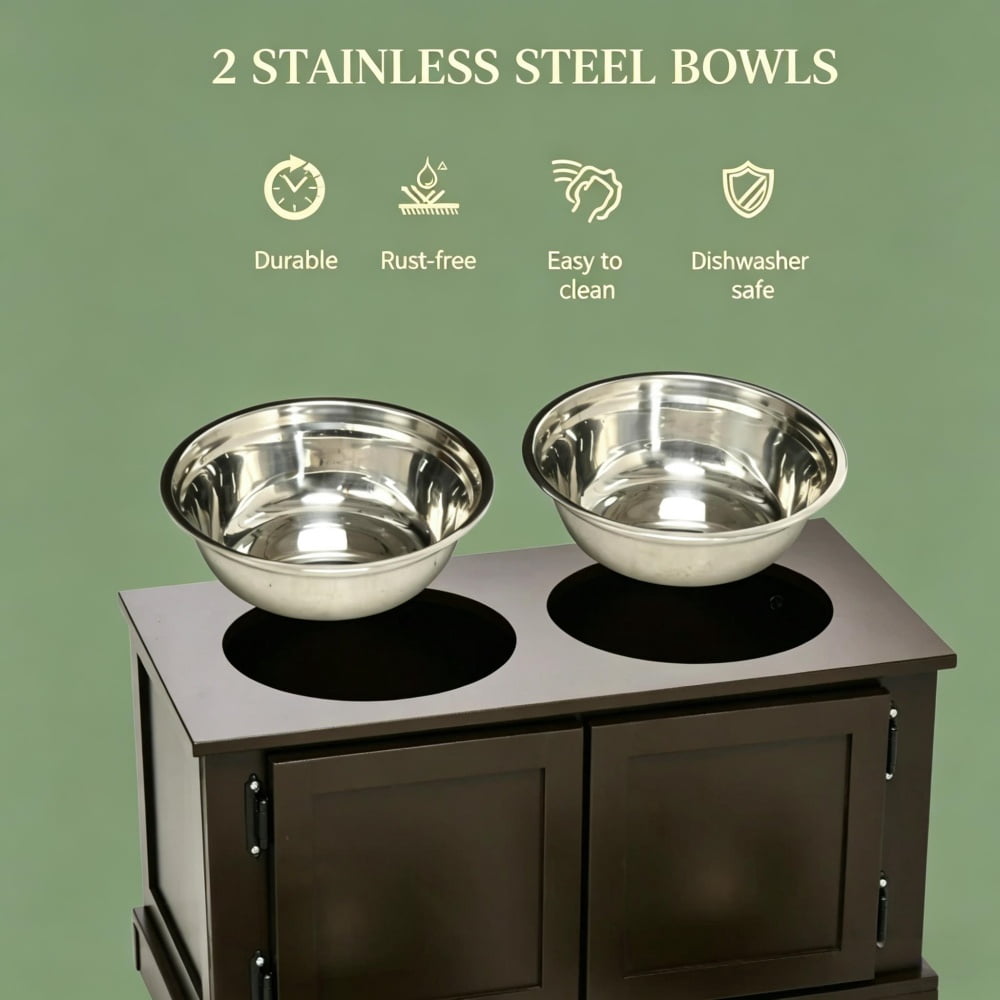 Elevated Dog Bowls with Storage Cabinet, Raised Pet Feeder Station with Removable Stainless Steel Bowls, Coffee MDF Feeding Stand for Large Dogs