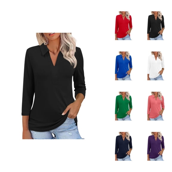 3/4 Length Sleeve Womens Tops 2026 Trendy V Neck Lapel Collar Slim Fit Plain Office Tshirt Womens Blouses
