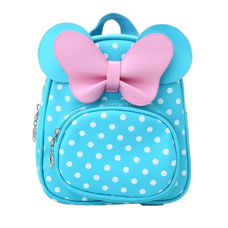 - Kids Girl School Backpack Waterproof PU Cute Backpack Children Kindergarten Primary Schoolbags Cartoon Bow Tie Dots Blue