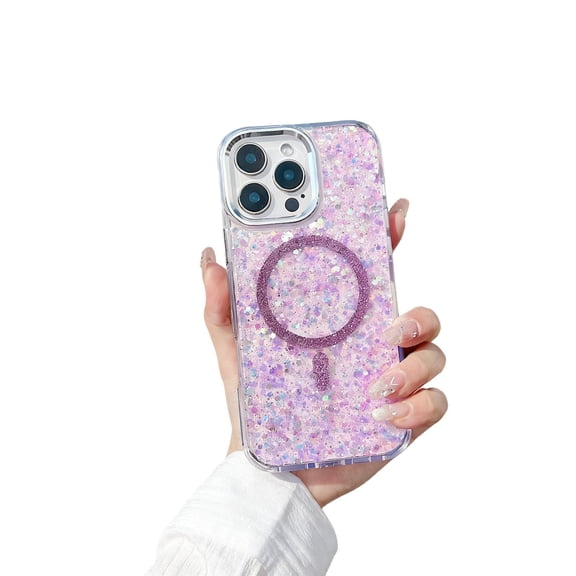 For iPhone 13 Pro Max Phone Case,Compatible with Wireless Charging,Bling Glitter Sequins Back Design,Dazzling Cute Cover,Shockproof Ultra Slim Anti-fall Drop Protection,Rugged Phone Case,Purple
