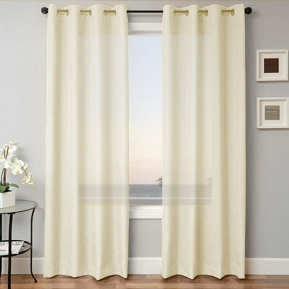 2 PANEL MIRA SOLID IVORY BEIGE SEMI SHEER WINDOW FAUX SILK ANTIQUE BRONZE GROMMETS CURTAIN DRAPES 55 WIDE X 63" LENGTH