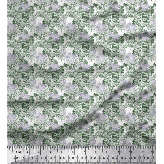 Soimoi Silk Fabric Architecture Structure,Leaves & Floral Artistic Printed Fabric 1 Yard 42 Inch Wide