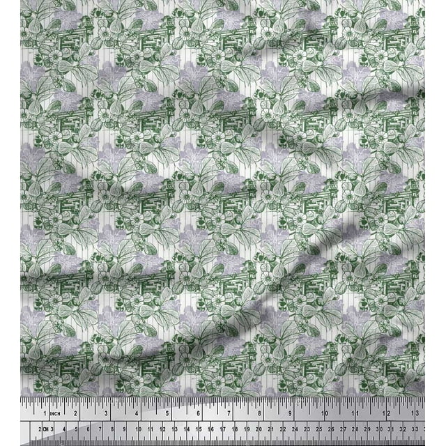 Soimoi polyester Crepe Fabric Architecture Structure,Leaves & Floral Artistic Decor Fabric Printed Yard 52 Inch Wide