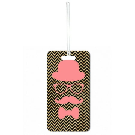 - Accessory Avenue Pink Hipster Elements on Black and Gold Chevrons Print Design Standard Sized Hard Plastic Double Sided Luggage Identifier Tag