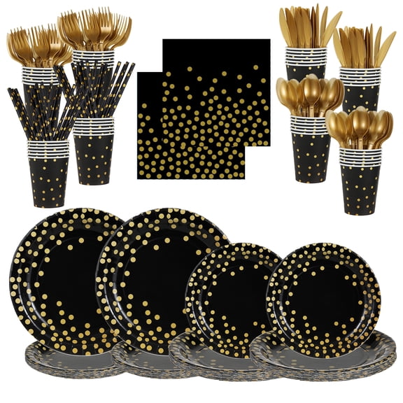 280pcs Black Gold Party Supplies Decorations Serve 40, Paper Plates and Napkins Set, Disposable Party Decorations, Plastic Forks Knives Spoons, Paper Plates Napkins Cups Baby Shower Birthday Wedding