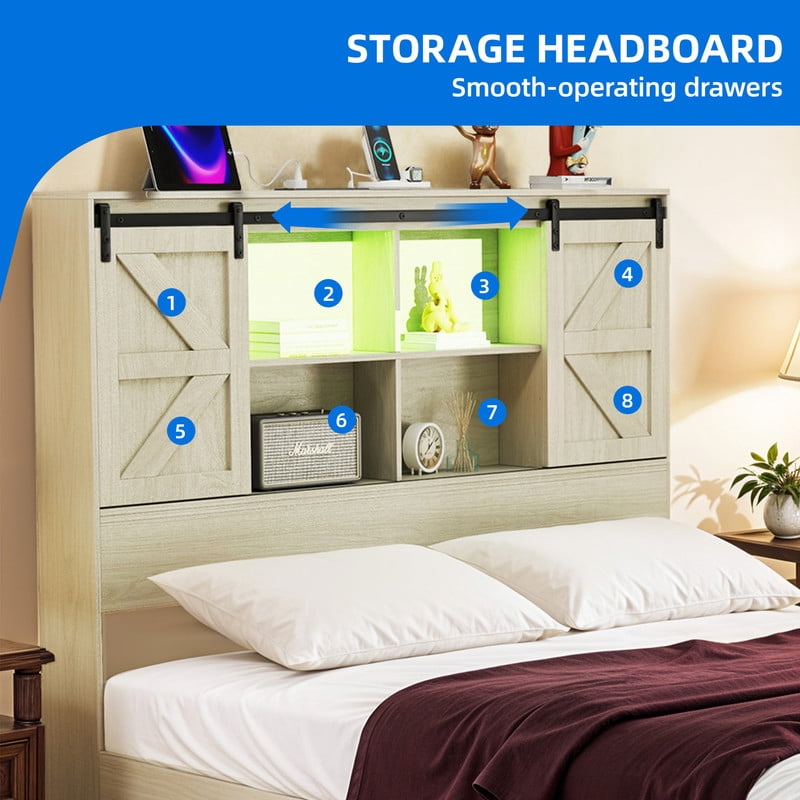 Uforic Farmhouse Queen Bed Frame With Bookcase Headboard & LED Lights, Storage Bed with Power Outlets, White