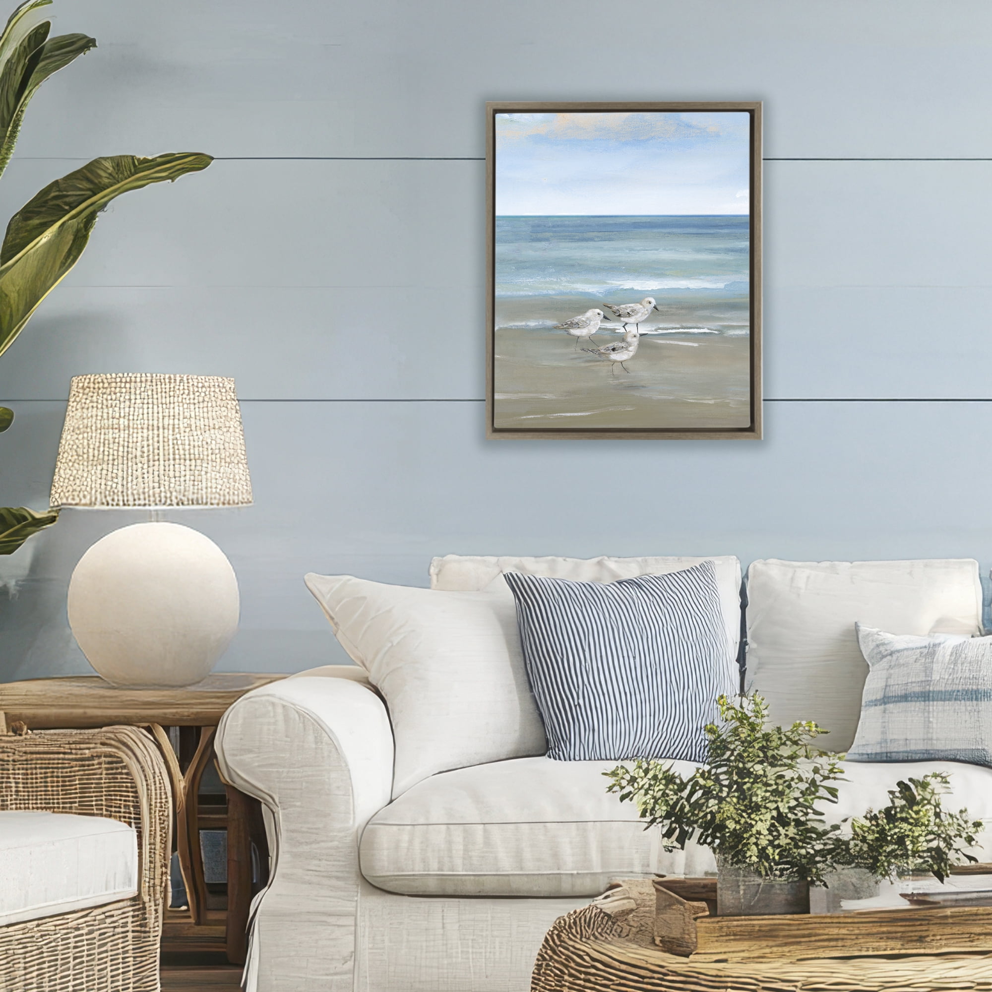 Stupell Industries Three Shorebirds & Gentle Waves Brown Framed Floater Canvas Wall Art, design by Nan