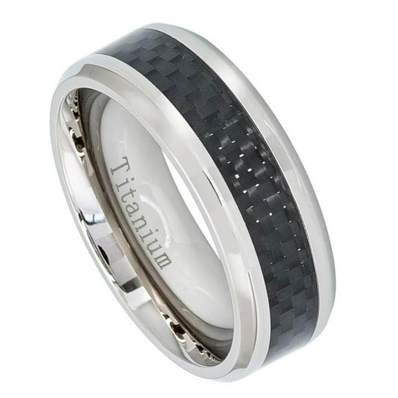 8MM Comfort Fit Titanium Wedding Band High Polish Black Carbon Fiber Inlay Titanium Ring (Size 7 to 15)