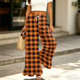 thumbnail image 6 of Striped & Plaid Ruffle Hem Wide Leg Pants - High Waisted Palazzo Trousers with Pockets, Flowy Drawstring Casual Lounge Pants Orange S, 6 of 7