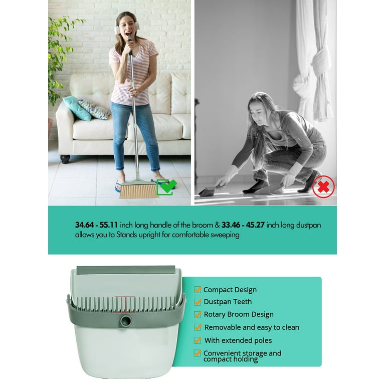 FVSA Broom and Dustpan Set, Indoor or Outdoor Broom and Dust Pan Combo, 53.15" Dust Pan for Adults(Cyan)