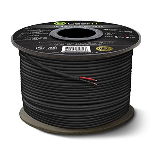 16 AWG CL3 OFC Fil de Haut-Parleur Extérieur, GearIT Pro Série 16 Jauge (100 Pieds / 30,48 Mètres / Noir) Cuivre Sans Oxygène UL CL3 Évalué pour l'Enterrement Direct Extérieur et l'Installation dans le Mur S